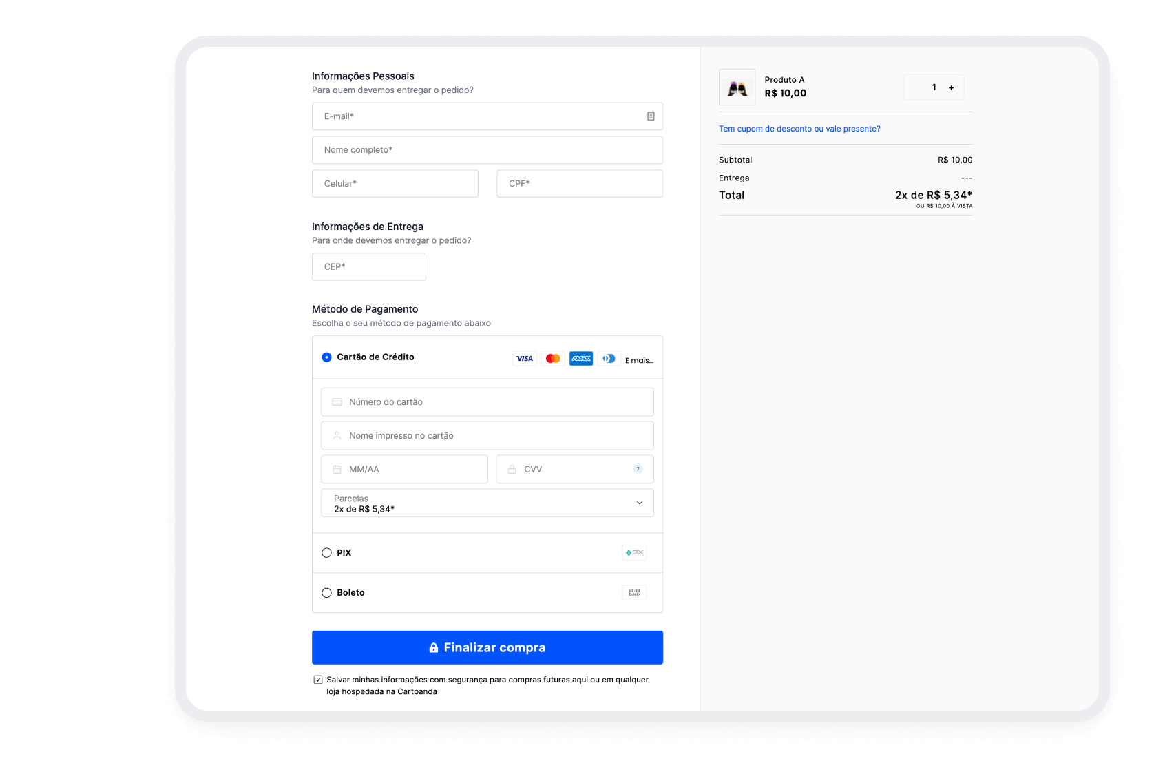 Checkout Cartpanda no celular e desktop