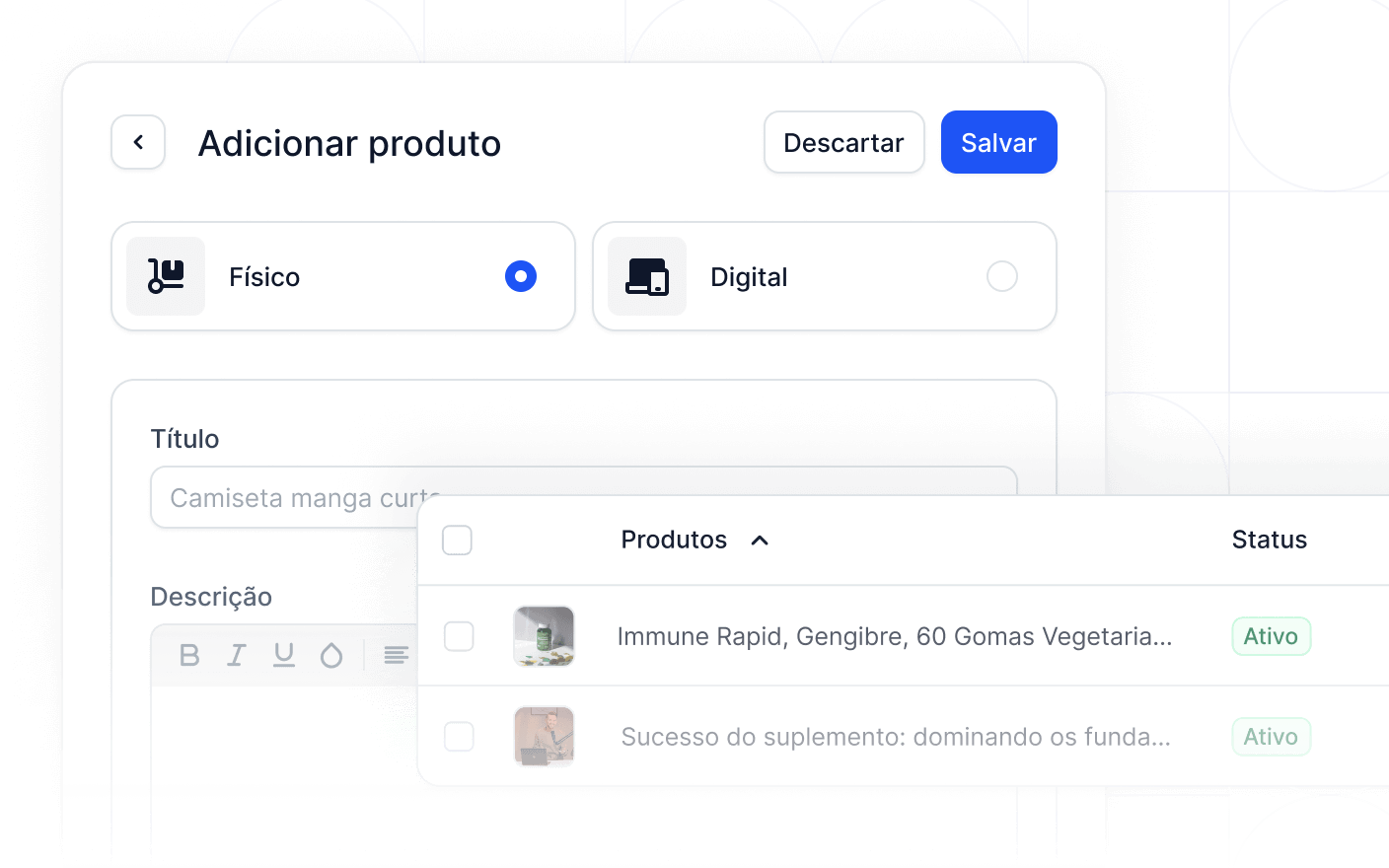 adicionar uma nova interface de produto que inclui a opção de adicionar produtos físicos e digitais
