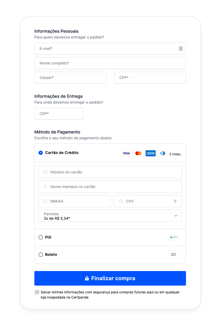 print da página de checkout do Cartpanda Pay, plataforma para receber pagamento online.